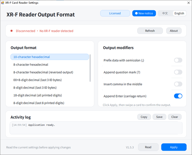 XR-F Card Reader Settings trial and offline licensing window: machine code, license code entry and license file import